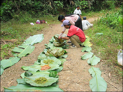 Laos - Our meal is prepared on banana leaves